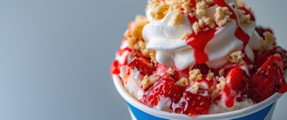 Delicious close-up view of a strawberry sundae in a cup, topped with fresh strawberries, creamy vanilla ice cream, and crumbled biscuit.