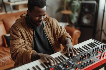 A man in a recording studio wears headphones while playing a keyboard