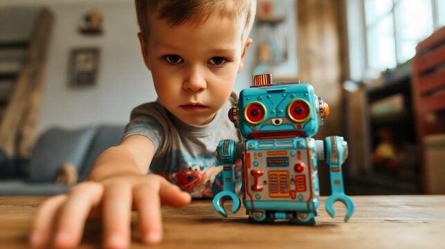 Closeup Of A Toddler Boy Playing With A Blue Robot Toy On A Wooden Table In His Room Interior. Young Male Kid Or Child Entertaining Himself With Mechanical Cyborg Machine, Playing Indoors In House