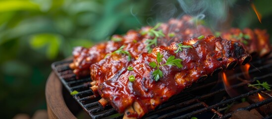 An animal product, such as pork or beef, is cooking on a grill in the kitchen. The sizzling meat is...