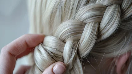 Tuinposter Close-up intricate artistry of hairstyling, as skilled hands were beautiful braids and create an exquisite hairstyle for a girl on white background. Braiding process © Anna Zhuk