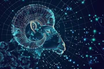 Vector illustration of aries zodiac sign in blue on dark background, with shining effect.