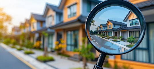 House hunting with magnifying glass in rental market, text space provided for placement.