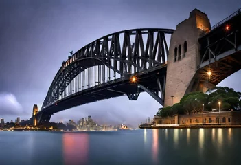 Cercles muraux Sydney Harbour Bridge black metal bridge over sea 