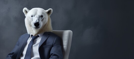 Friendly bear in business suit pretending to work in corporate setting, studio shot with text space.