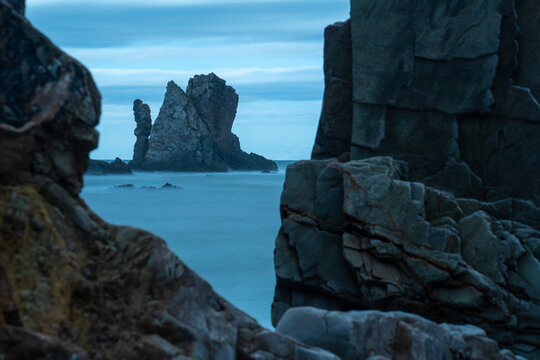 Winter landscape of the rocks on the beach of silence, Asturias, Spain. in silence beach (playa del Silencio) in Asturias, north of Spain.