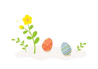 Easter eggs and cute flower plant decoration. Easter celebration card, poster, banner design.