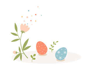 Easter eggs and cute flower plant decoration. Easter celebration card, poster, banner design.