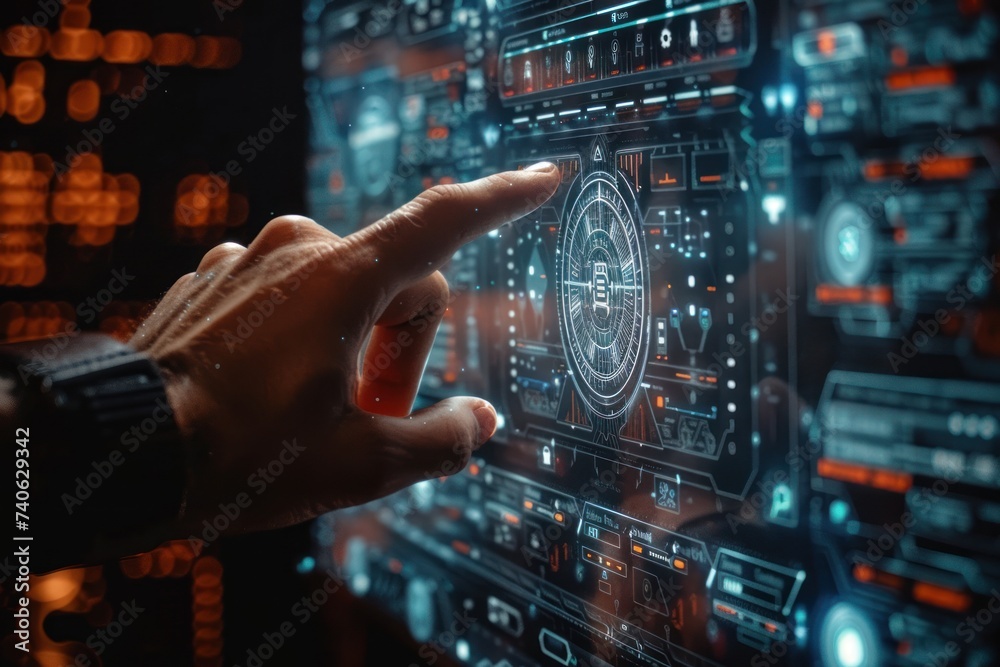 Poster finger pressing on digital circuit panel symbolizing intersection of technology and business in futu