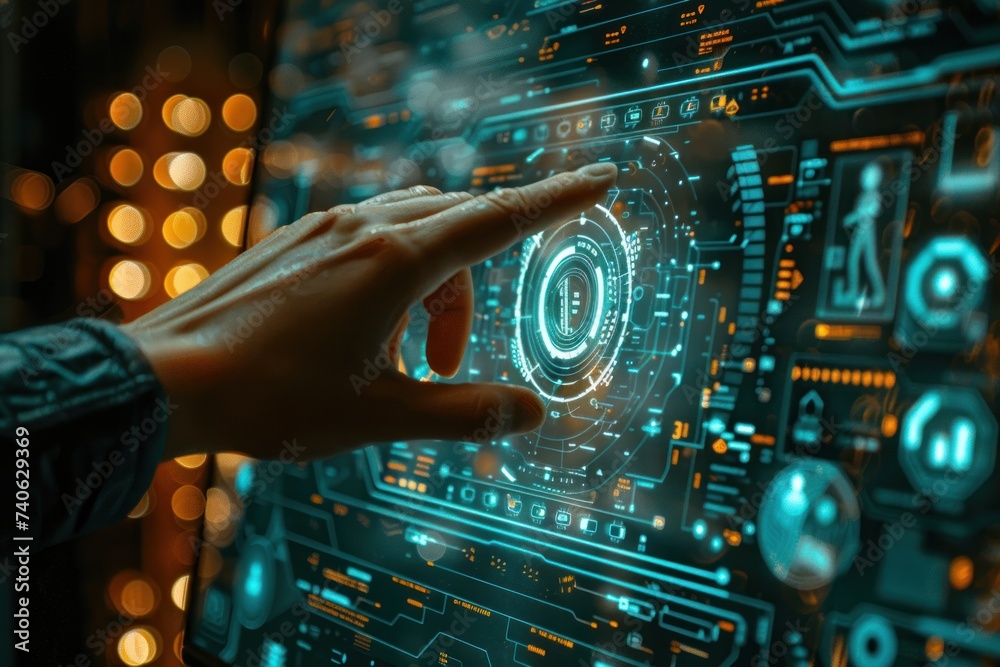Poster finger pressing on digital circuit panel symbolizing intersection of technology and business in futu