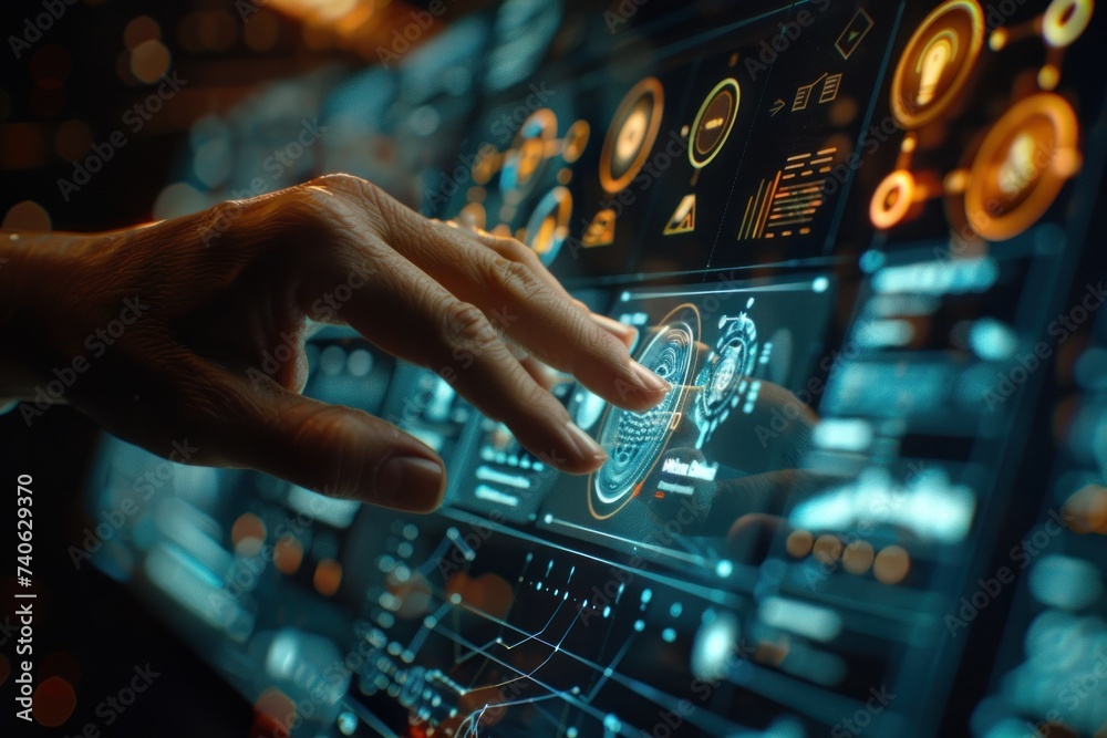 Poster finger pressing on digital circuit panel symbolizing intersection of technology and business in futu