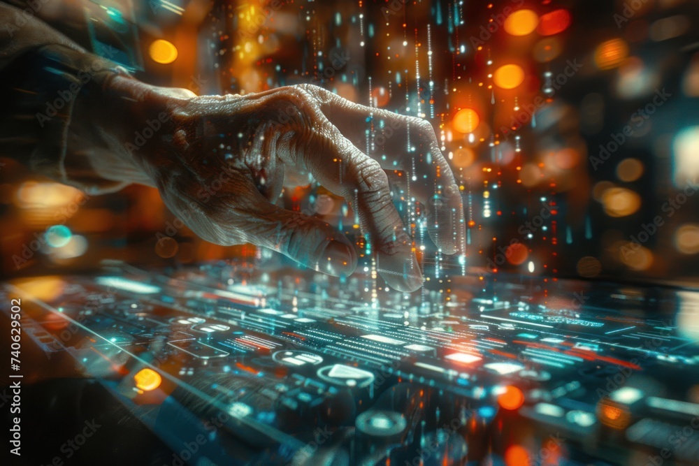 Poster finger pressing on digital circuit panel symbolizing intersection of technology and business in futu