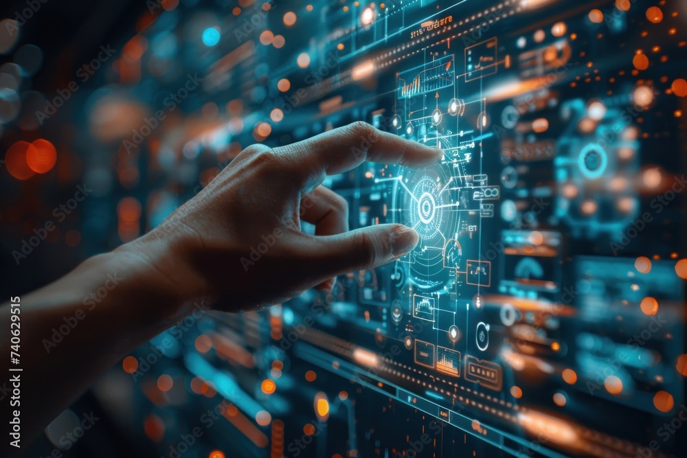 Poster finger pressing on digital circuit panel symbolizing intersection of technology and business in futu
