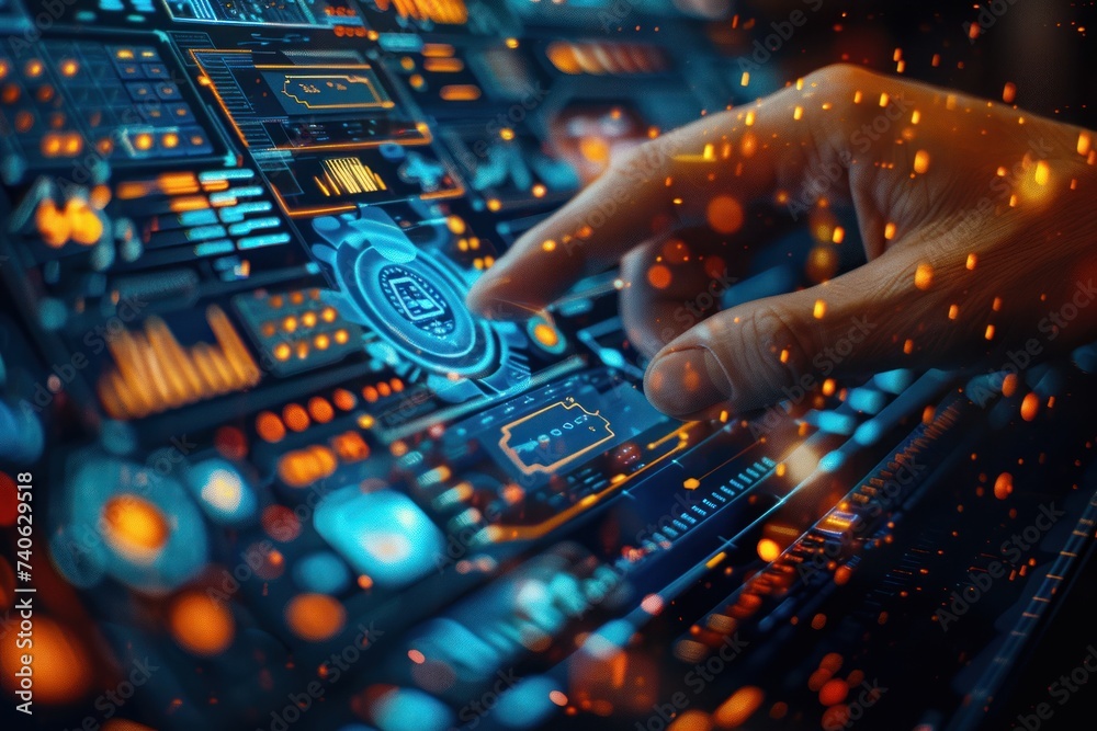 Poster finger pressing on digital circuit panel symbolizing intersection of technology and business in futu