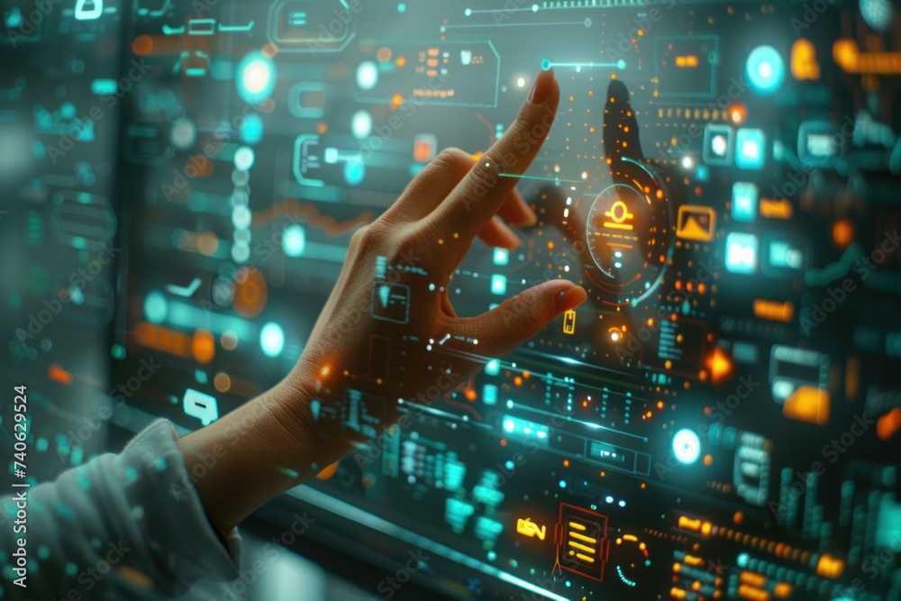 Poster finger pressing on digital circuit panel symbolizing intersection of technology and business in futu
