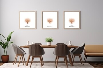 A tastefully decorated Scandinavian dining room featuring modern chairs, a wooden table, and botanical art prints on a neutral wall