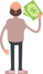 Beard Man Character Holding Dollar Banknotes
