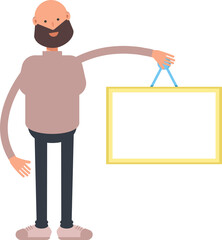 Beard Man Character Holding Blank Signage
