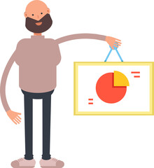 Beard Man Character Holding Pie Chart Signage
