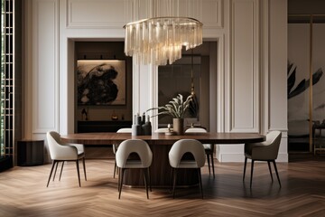 A luxurious dining space with a modern artistic touch, featuring a statement chandelier and elegant decor