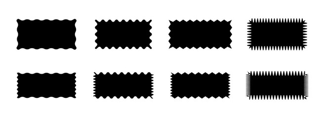 Wavy Edge rectangular shapes set. Jagged black PNG, rectangular design elements set for decoration, banner, poster, template, sticker, badge. Isolated.S