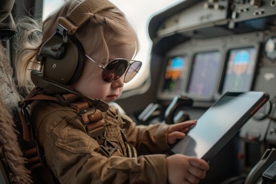 A young child dressed in aviator gear, including a fur-lined jacket and sunglasses, confidently sits in an airplane cockpit, holding a tablet.