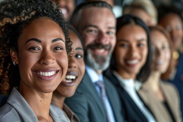 Obraz premium Joyful team of colleagues in office setting radiating happiness and togetherness group of young men and women including businessmen and businesswomen sharing moment of laughter and enjoyment
