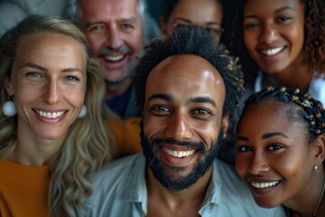 Fototapeta premium Joyful team of colleagues in office setting radiating happiness and togetherness group of young men and women including businessmen and businesswomen sharing moment of laughter and enjoyment