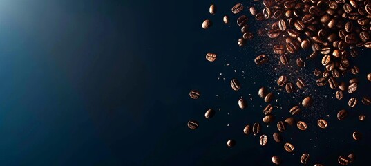 Roasted coffee beans levitating on dark background with copy space for text placement