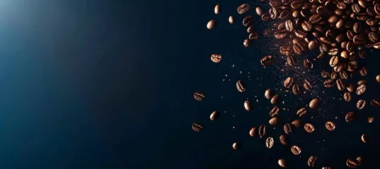 Foto op Plexiglas Roasted coffee beans levitating on dark background with copy space for text placement © Ilja