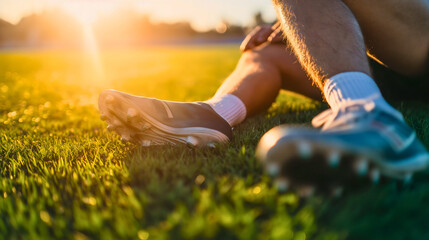Closeup of a male soccer player legs and feet, wearing soccer shoes and shorts, sitting on a grass field outdoors on a sunny summer day. Stretching or warming up, preparing for team training outside - obrazy, fototapety, plakaty
