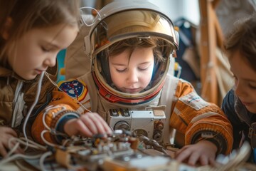 Two children dressed in astronaut suits engaging with control panels inside a spacecraft simulator, reflecting curiosity and learning.