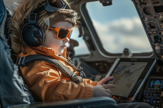 A young child dressed as a pilot, wearing aviator sunglasses and headphones, confidently using a tablet in the cockpit of an airplane.