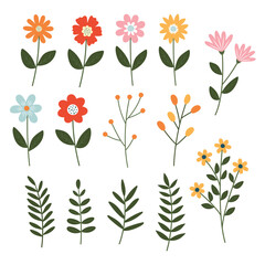 Zestaw ręcznie rysowanych kwiatów i liści. Ilustracja wektorowa w stylu retro - obrazy, fototapety, plakaty