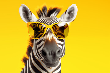 Playful zebra wearing oversized yellow sunglasses, set against a vibrant yellow background.