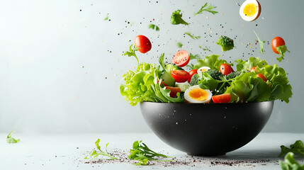 Dark Salad Bowl with Levitating Ingredients of Green Lettuce Leaves, Fresh Vegetables and Fruits Floating Above Bowl, Healthy Food Concept, Organic Ingredients for Salad, Generative AI

