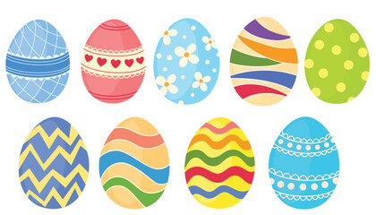 Easter Eggs with patterns. Design elements for holiday cards, poster, scrapbooking, stickers. Happy Easter collection with different texture. Cartoon flat style Vector illustration