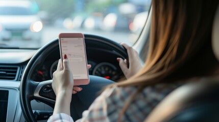 Distracted young woman driving car with smartphone in hand, not practicing safe driving habits