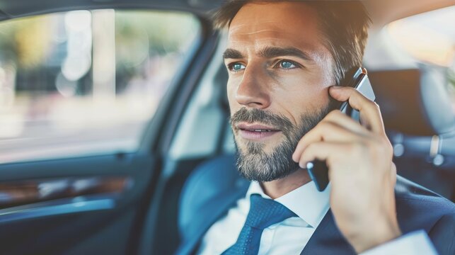 Businessman In Suit Talking On Phone In Back Seat Of Car During Commute To Work.