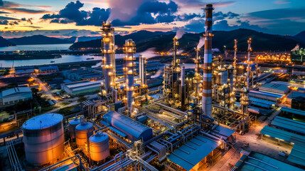 refinery, industrial, factory, environment, pollution, pipeline, technology - obrazy, fototapety, plakaty