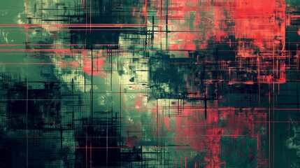 Square Black and Green Background in the Style of Colorful Complexity - Dark Red and Light Cyan Scratched Digital Art Techniques with Meticulous Lines Background created with Generative AI Technology