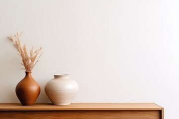 A brown and white vase with dried flowers on a wooden surface against a plain wall. Elegant Ceramic Vases on Wooden Shelf