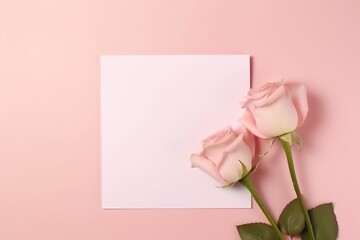 White blank card mockup with fresh pink roses on a pastel backdrop. Invitation Card Mockup with Pink Roses