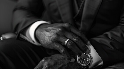 details of the groom's or man's hands, including the watch and ring, close-up. Textures and elements are clearly visible to convey realism and authenticity. - obrazy, fototapety, plakaty