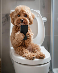 Funny Dog Cavapoo Breed, Sitting on Toilet on Mobile Phone, Funny Dog in Bathroom