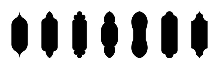 Shape arabic door and window silhouette. Arabic arch set. Collection frames in oriental style. Vector black mosque gate shape isolated. PNG