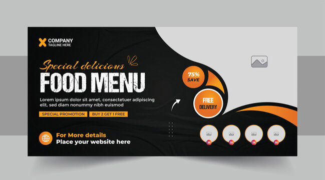 Fast food or Restaurant business promotion social media marketing web banner template with logo and icon, Pizza, burger & healthy food business promotional flyer design layout