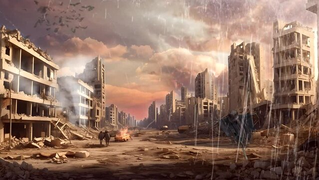 Cities destroyed and burned after wars and earthquakes. 3d illustration. animated 4k videos.
