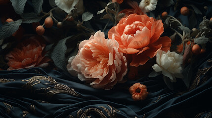 Black silk drapery with flowers. Floral elegant background with fabric and flowers for design.