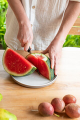 ripe fresh watermelon, watermelon slicing, summer fruits, vitamins, vegetarianism watermelon. High quality photo
